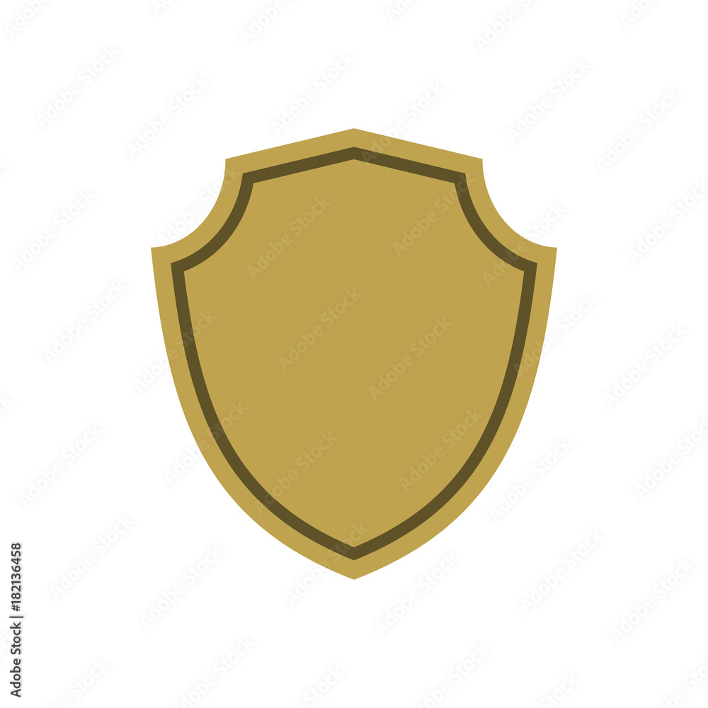 Shield shape gold icon. Simple flat logo on white background. Symbol of security, protection, safety, strong. Element badge for protect design emblem decoration. Vector illustration Shield shape gold icon. Simple flat logo on white background. Symbol of security, protection, safety, strong. Element badge for protect design emblem decoration. Vector illustration