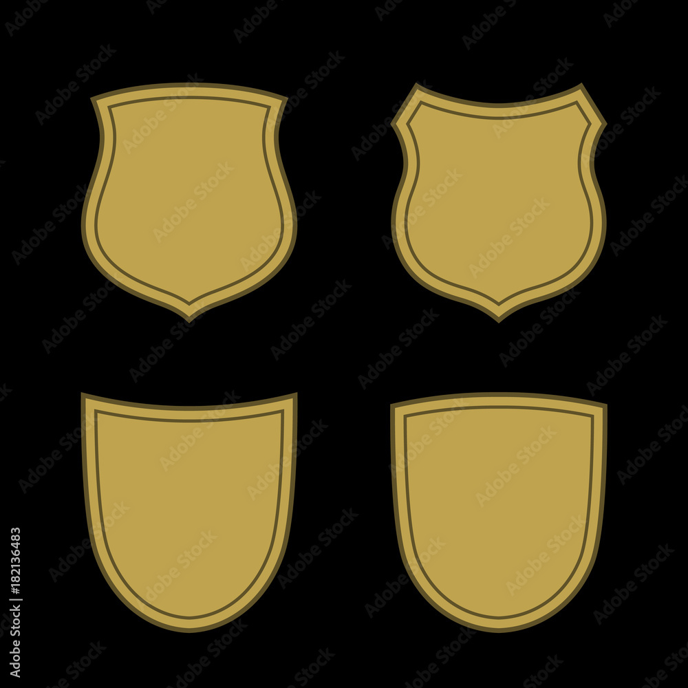 Shield shape gold icons set. Simple silhouette flat logo on black background. Symbol of security, protection, safety, strong. Element for secure protect design emblem. Vector illustration Shield shape gold icons set. Simple silhouette flat logo on black background. Symbol of security, protection, safety, strong. Element for secure protect design emblem. Vector illustration