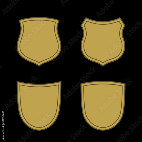Shield shape gold icons set. Simple silhouette flat logo on black background. Symbol of security, protection, safety, strong. Element for secure protect design emblem. Vector illustration