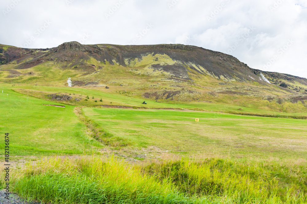 Obraz premium view of green valley in Hveragerdi, Iceland