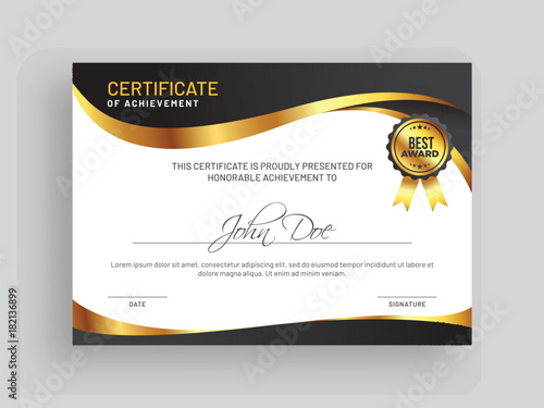 Certificate of achievement template with grey and golden design and badge.