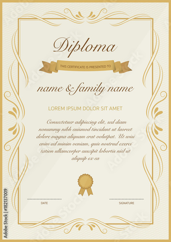 Certificate of diploma template with golden floral design.