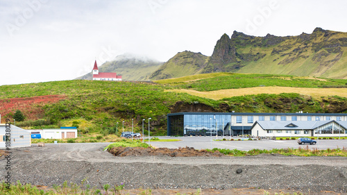apartments and church in Vik in Iceland