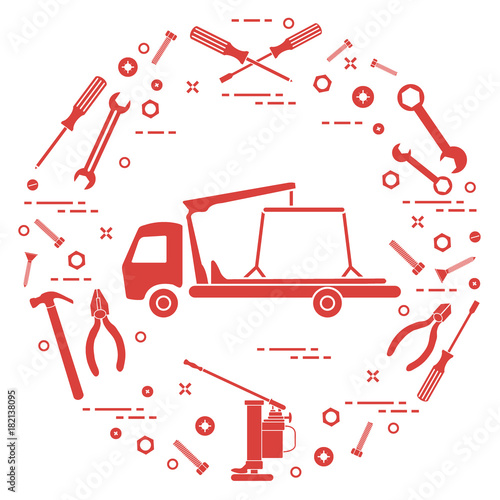 Repair cars: tow truck, wrenches, screws, key, pliers, jack, hammer, screwdriver.