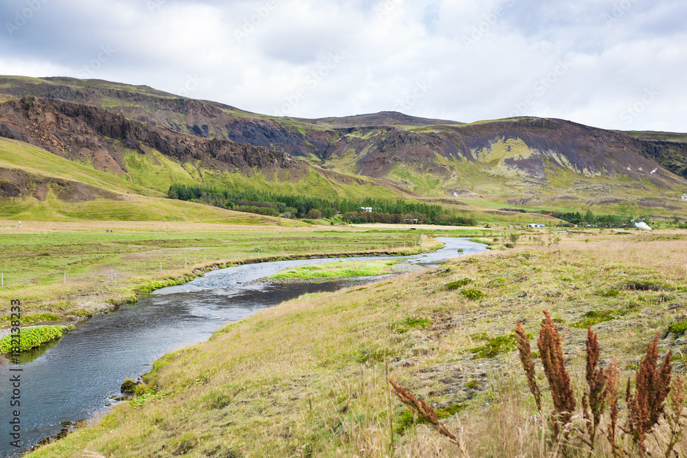 riverbanks of Varma river in Hveragerdi in Iceland