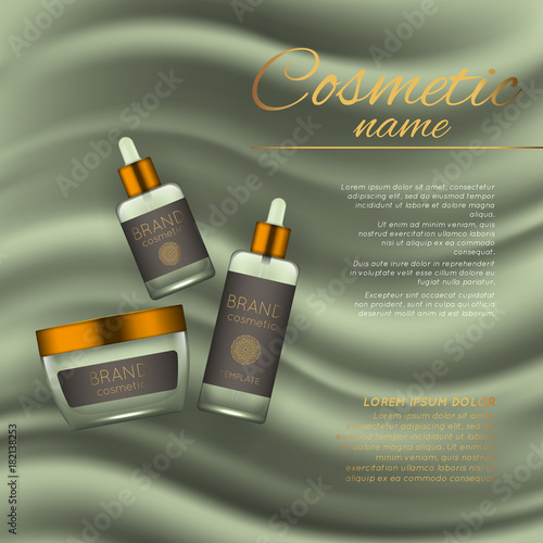 Vector 3D cosmetic illustration on a soft silk background. Beauty realistic cosmetic product design template.