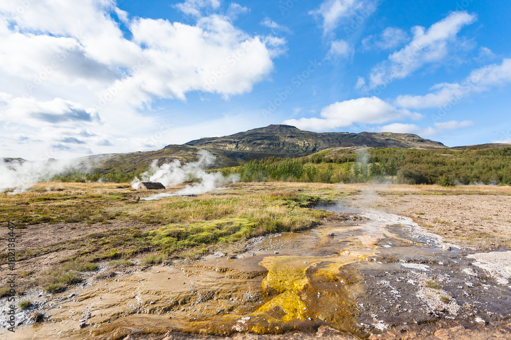 view Haukadalur geyser area in Iceland in autumn