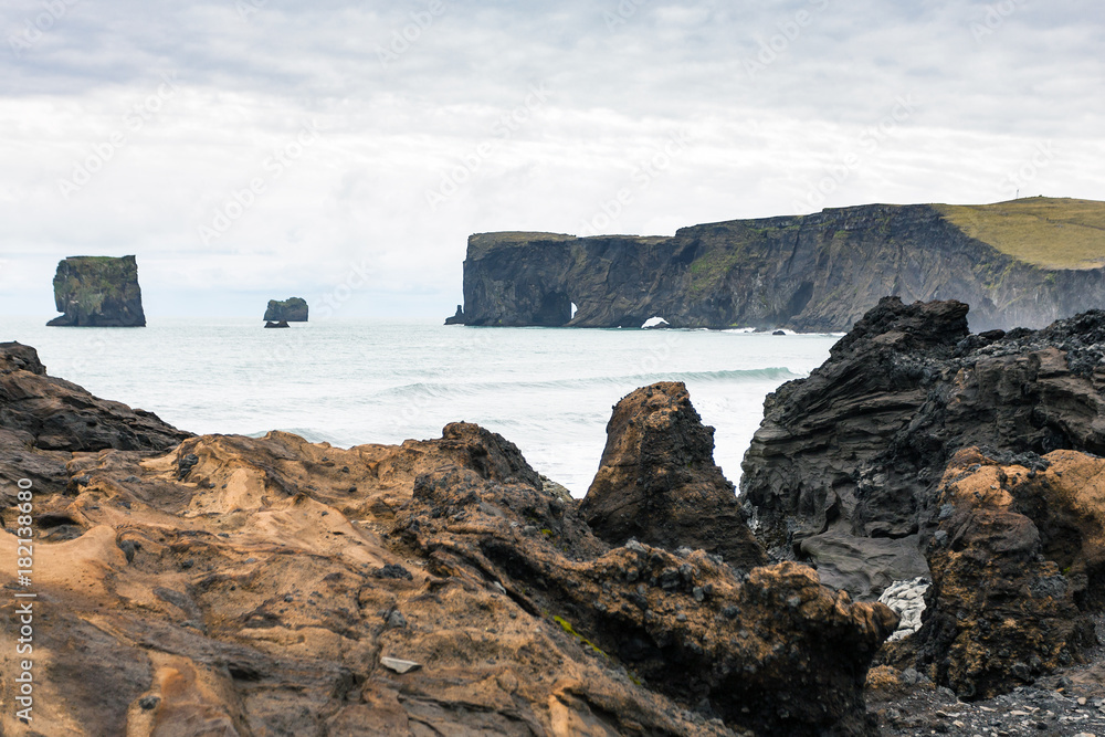 Atlantic ocean rocky coast and view of Dyrholaey