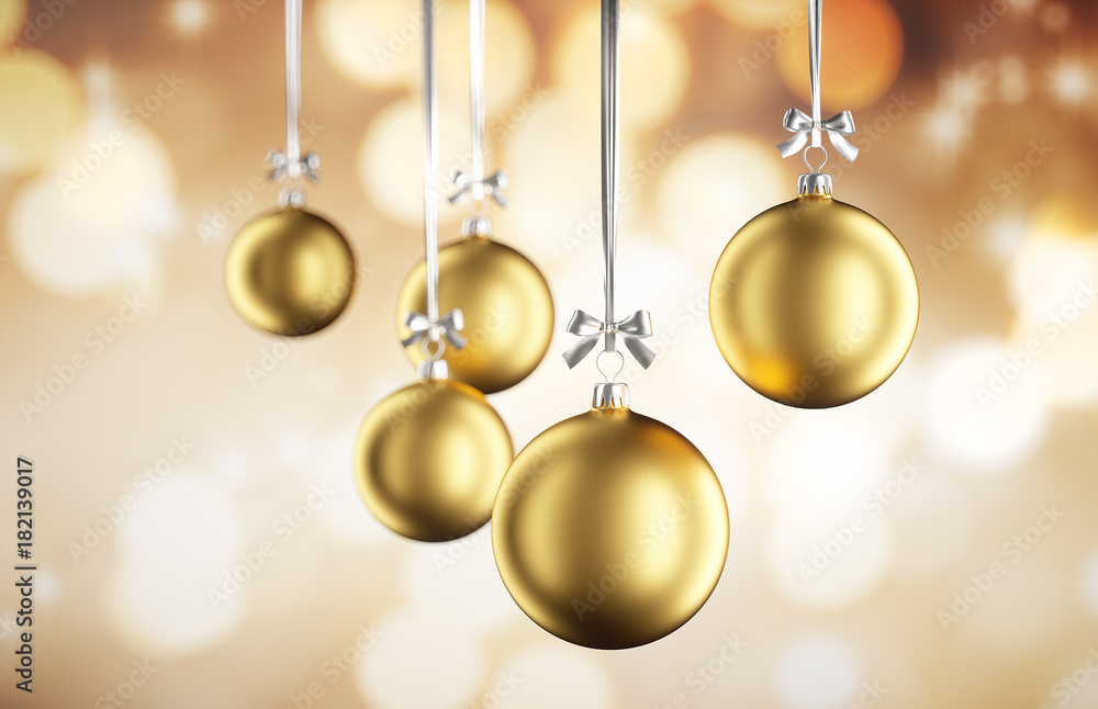 Hängende Weihnachtskugeln vor Lichterglanz Gold StockIllustration