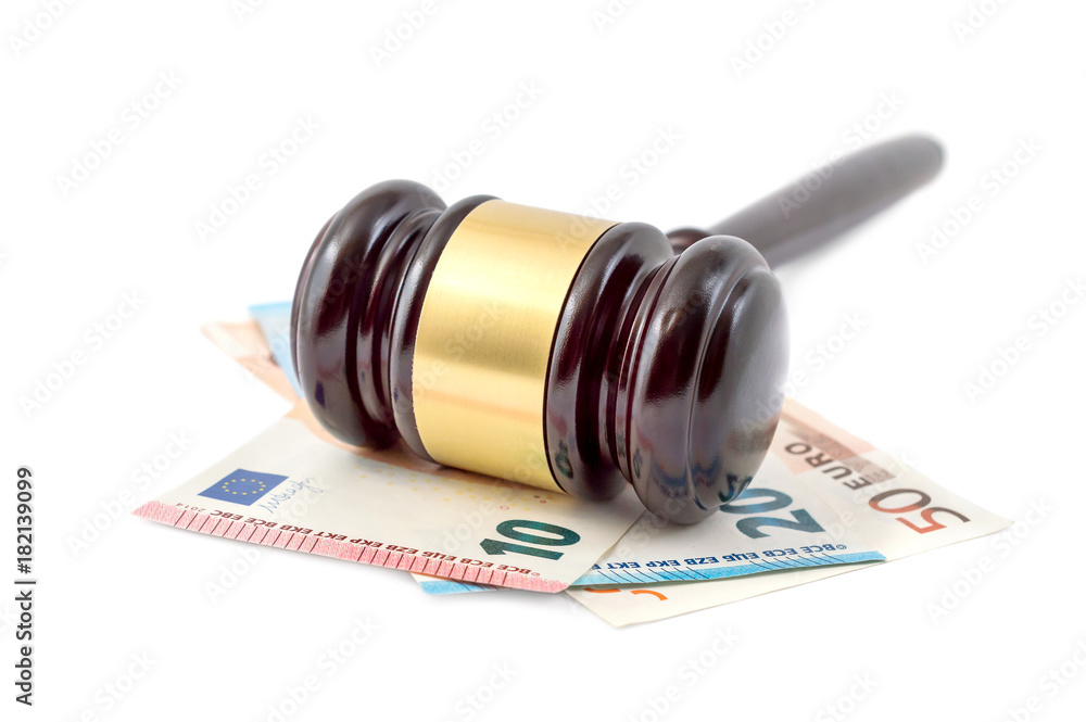 Judge's gavel with euro on white background.