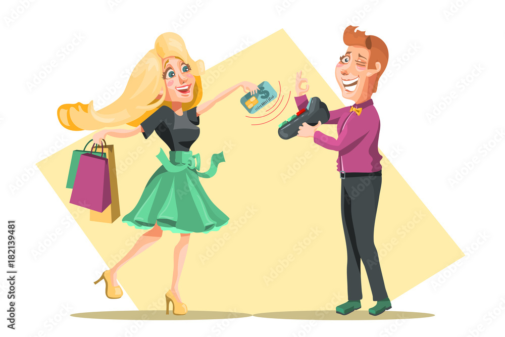 Contactless payment process, device. Cartoon women character paying for the shopping with credit card contactless. Cute seller (cashier) giving the contactless cash machine and showing ok gesture Contactless payment process, device. Cartoon women character paying for the shopping with credit card contactless. Cute seller (cashier) giving the contactless cash machine and showing ok gesture