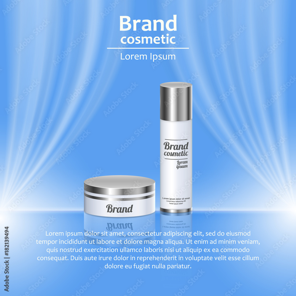 3D realistic cosmetic bottle ads template. Cosmetic brand advertising concept design with wavy light abstract background 3D realistic cosmetic bottle ads template. Cosmetic brand advertising concept design with wavy light abstract background