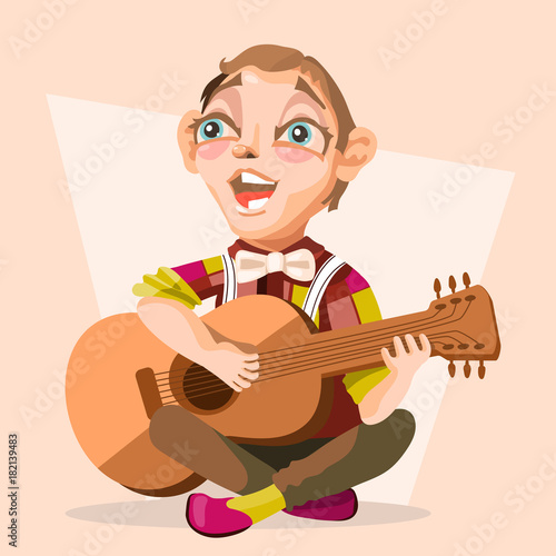 Child boy musician, singer with guitar. Cartoon child character with guitar singing the song with funny and cute face and modern outfit (clothes)