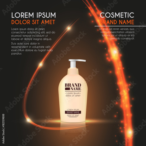 3D realistic cosmetic bottle ads template. Cosmetic brand advertising concept design with glowing sparkles and glitters abstract background