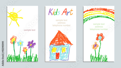 Wax crayon like child`s hand drawing art house, grass, colorful flowers, rainbow and sun. Pastel chalk or pencil like kid`s hand drawn funny spring and summer card set. Vector art background banner