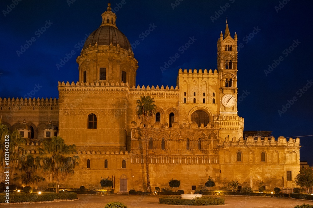 Palermo baroque cathedral church view at night, Sicily, Italy