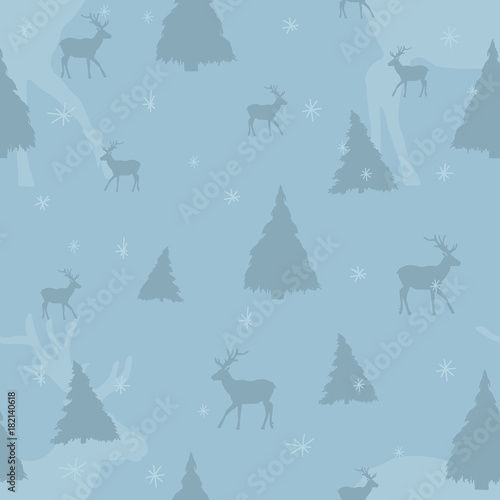 Aquamarine seamless Christmas pattern with deer and snowflakes and trees silhouettes. For wrapping paper or textile. © konvinsky