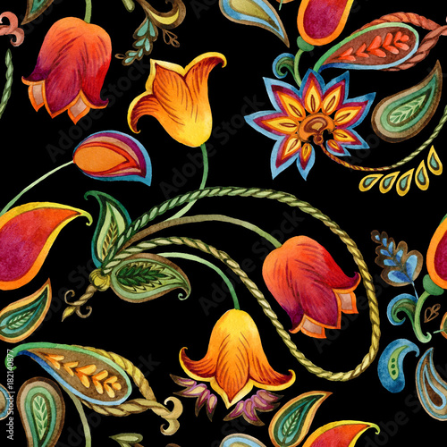 Wallpaper Mural Watercolor flower paisley pattern. Seamless Indian motif background. Ethnic ornamental floral print. Torontodigital.ca