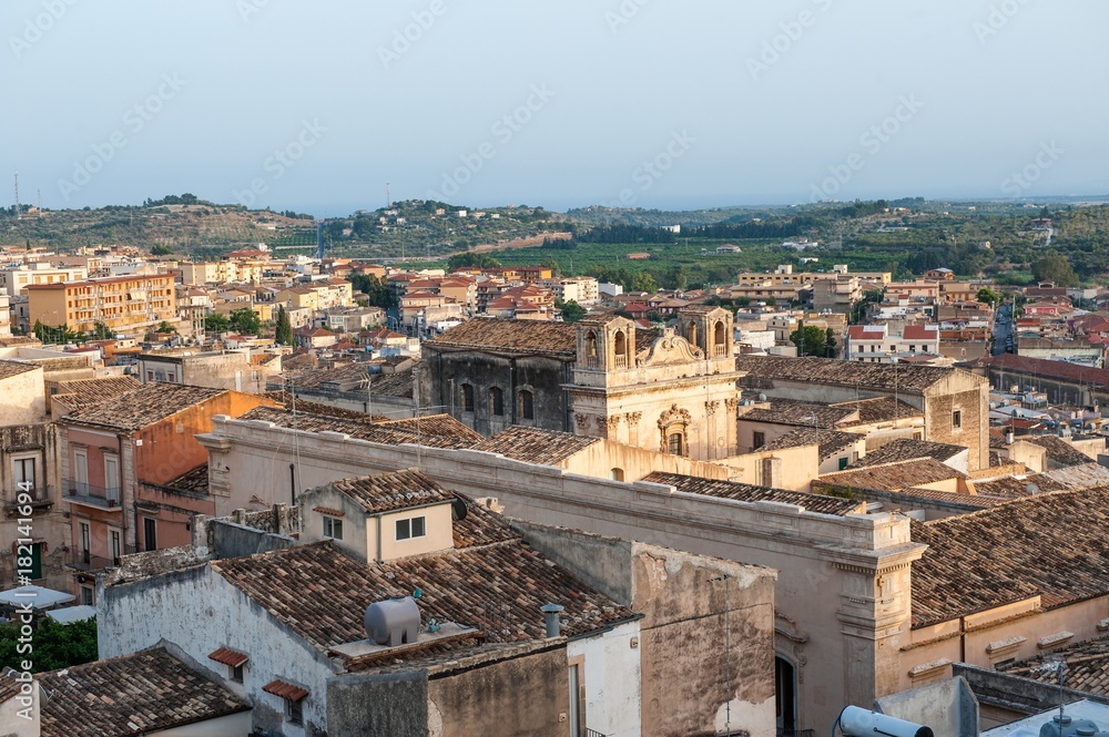 Noto old buildings and landscape panoramic view, Sicily, Italy, Europe