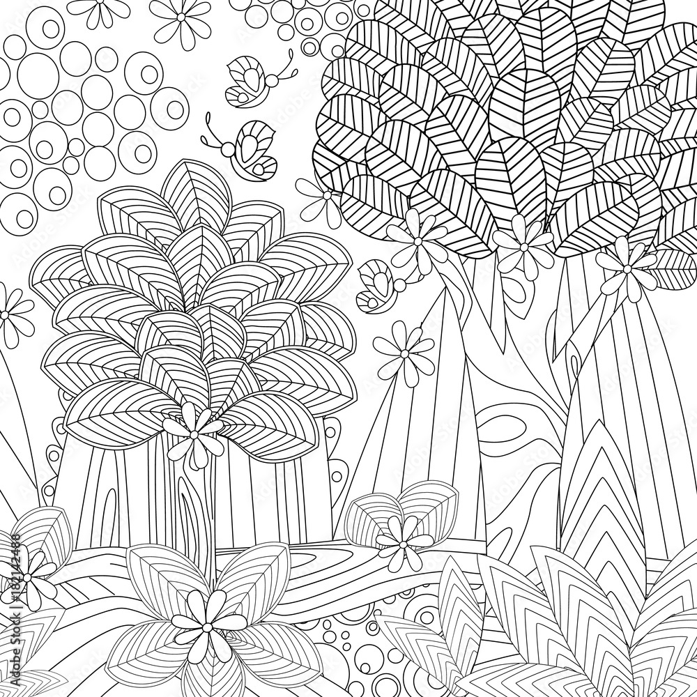 Obraz premium fantasy landscape with butterflies for coloring book