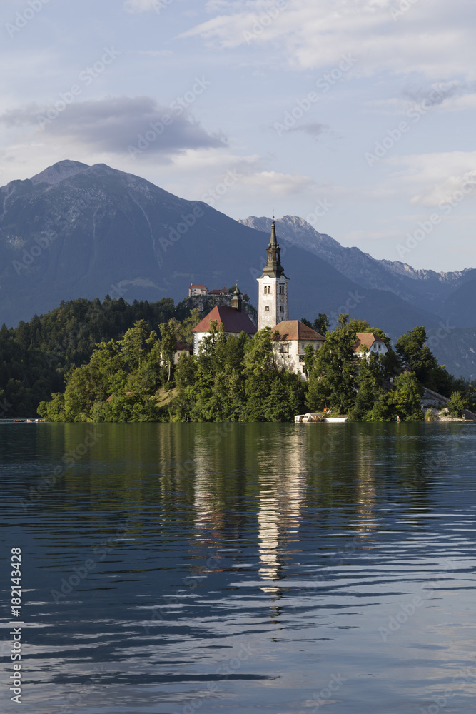Lake Bled Slovenia. Beautiful mountain lake with small Pilgrimage Church