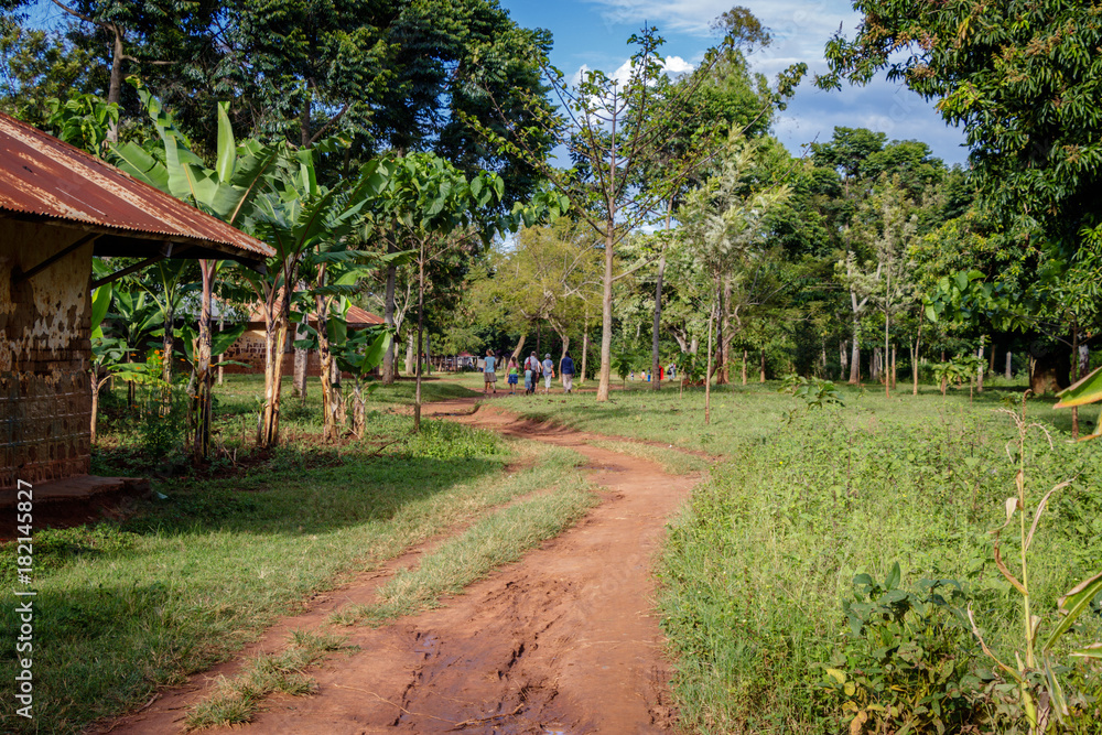 A typical small village around Mbale in Uganda with a small dirt road. There has been a lot of tree planting going on here which makes the area lovely.