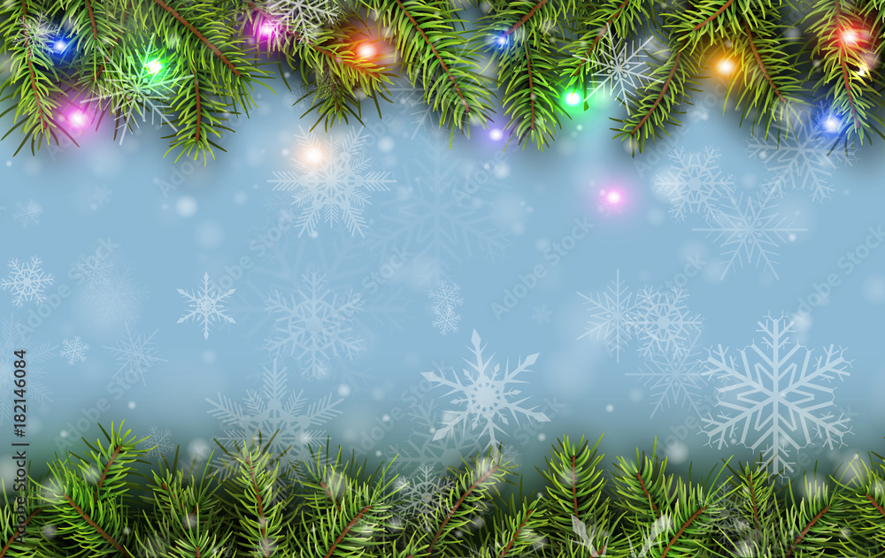 Christmas background green fir tree branches and snow