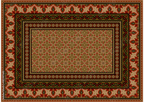 Luxurious colorful old design carpet with ethnic ornament with red patterns to border in light brown shades


