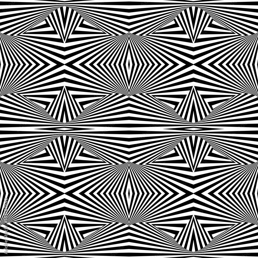 Black and white seamless pattern. Optical illusion. Vector illustration. Monochrome seamless background for your design. Geometric retro pattern with lines