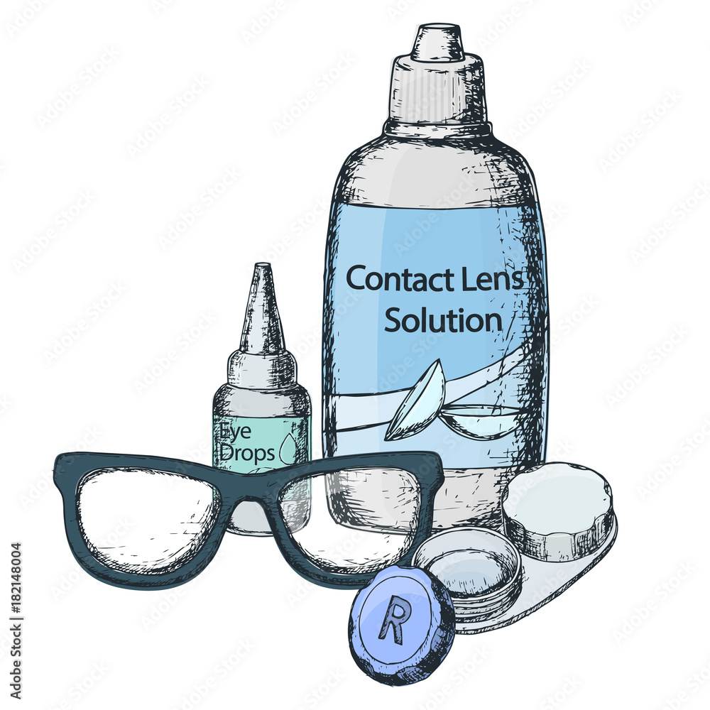 Contact lens solution, lens case and eye glasses on white background