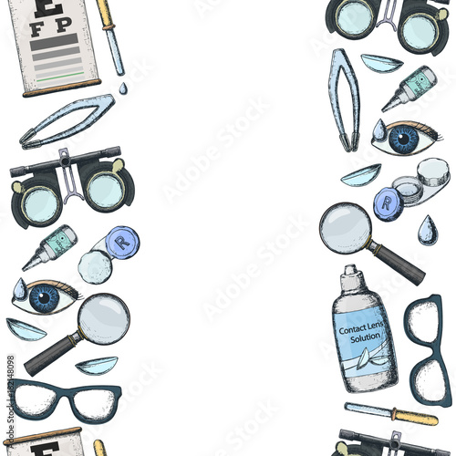 Seamless vertical borders of medical optometry accessory for correct vision - contact lens,  solution, lens case eye test chart, glasses. Vector
