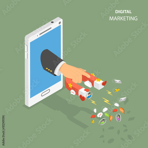 Digital marketing flat isometric low poly vector concept. Hand have appeared from the smarthphone holding a magnet that attracting promotion symbols like hearts, likes, emails stars, text bubbles