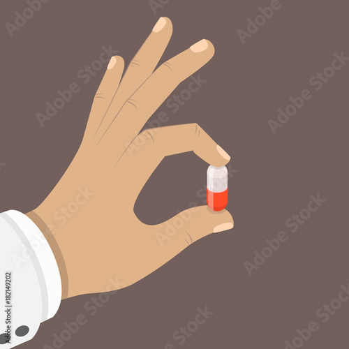 One pill in a hand flat isometric vector concept. Doctor hand is holding a red and white pill with his fingers.