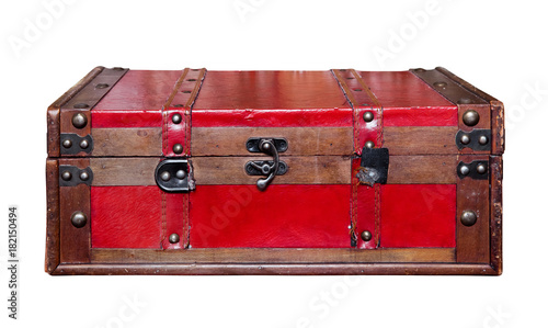 Red old vintage chest trunk isolated on white background