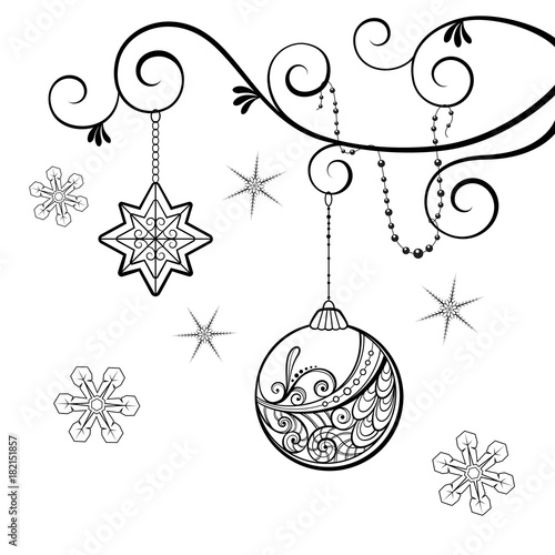 Silhouette of Christmas ball with lace pattern and the stars, which weigh on the branch.