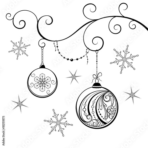 Silhouette of Christmas balls with beautiful patterns that hang on the branch and snowflakes.