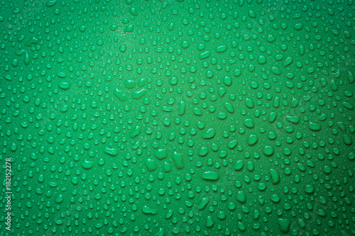 Water Drops On Green Background.