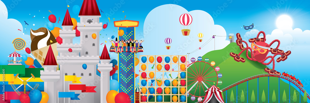 Vector Illustration of amusement park with fantasy theme and mountain background. Vector Illustration of amusement park with fantasy theme and mountain background.