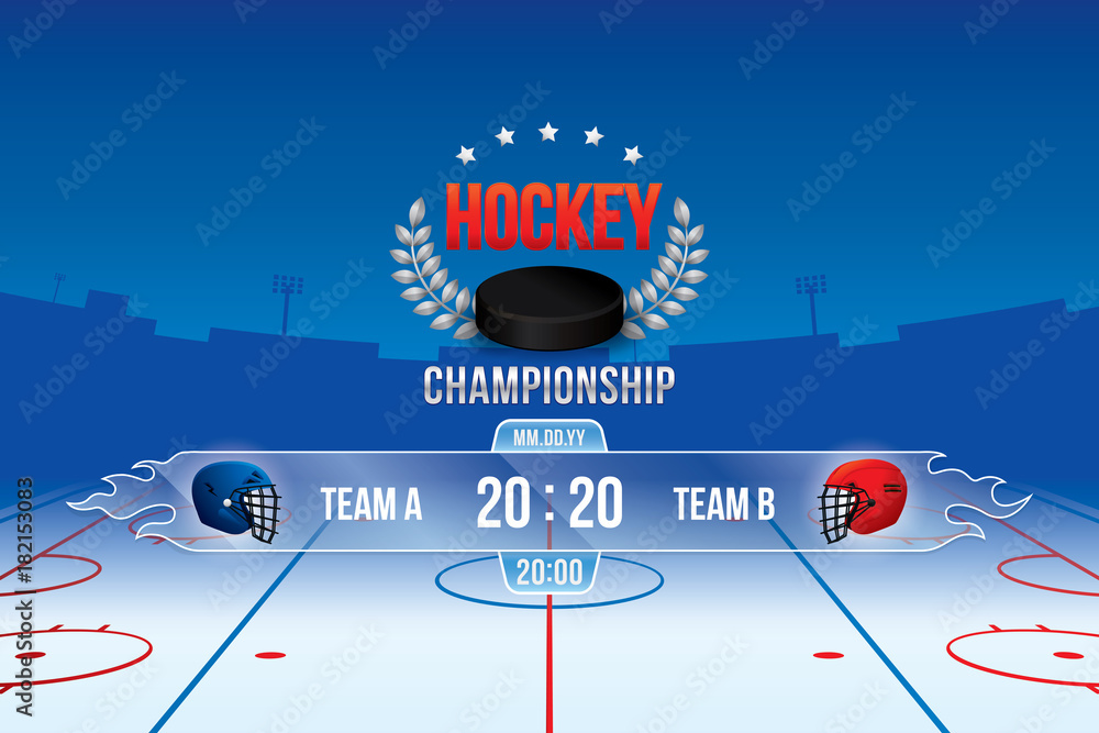 Fototapeta premium Vector of ice hockey championship with team competition and scoreboard.