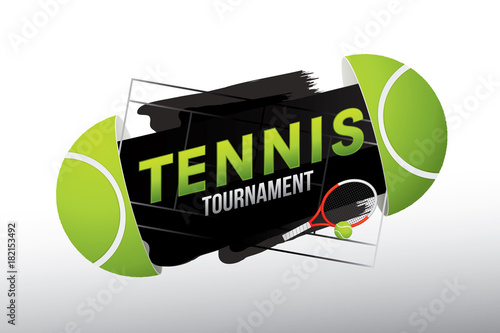Tennis tournament badge design with racket and ball on court.