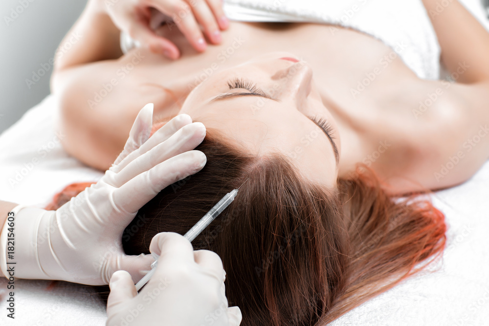 Needle mesotherapy. Cosmetic been injected in woman's head. - obrazy, fototapety, plakaty 