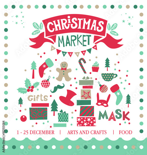 Set the Christmas market with Christmas objects and symbols of the holiday: gifts, masks, socks, Christmas decorations man cookies, garland, sweets. The inscription Christmas market on red tape.