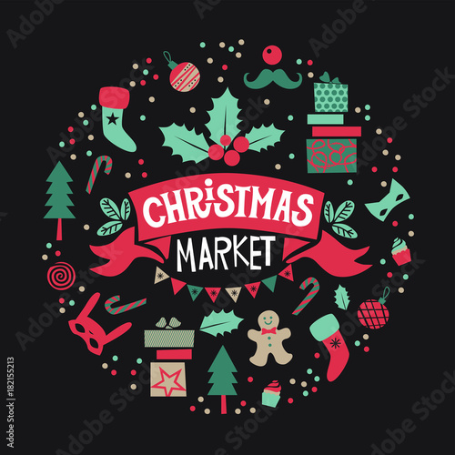 Set the Christmas market with Christmas objects and symbols of the holiday: gifts, masks, socks, Christmas decorations man cookies, garland, sweets. The inscription Christmas market on red tape.