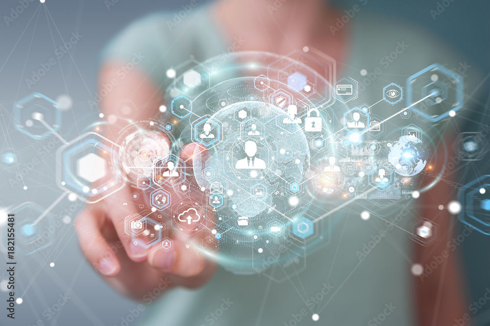 Businesswoman using social network interface 3D rendering Businesswoman using social network interface 3D rendering