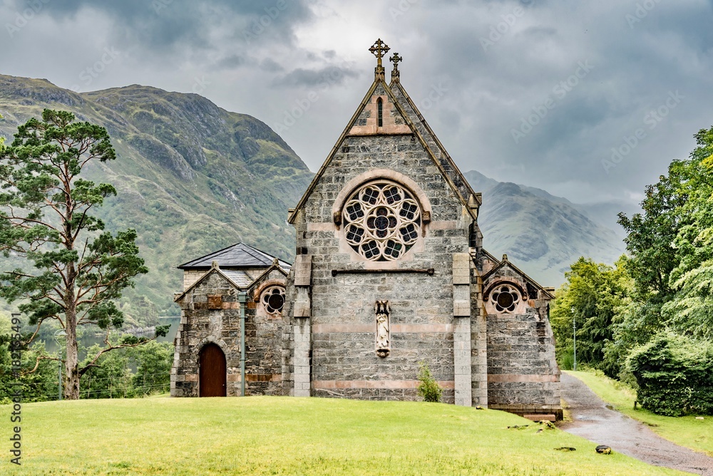 Glenfinnan church in typical gray stone of Scotland