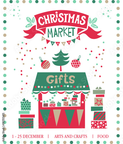 Christmas market illustration. Winter time. Merry Christmas and Happy New Year on amusement park, winter market, festival, fair. Poster, invitation, postcard. Shops with hot drinks, sweets and gifts