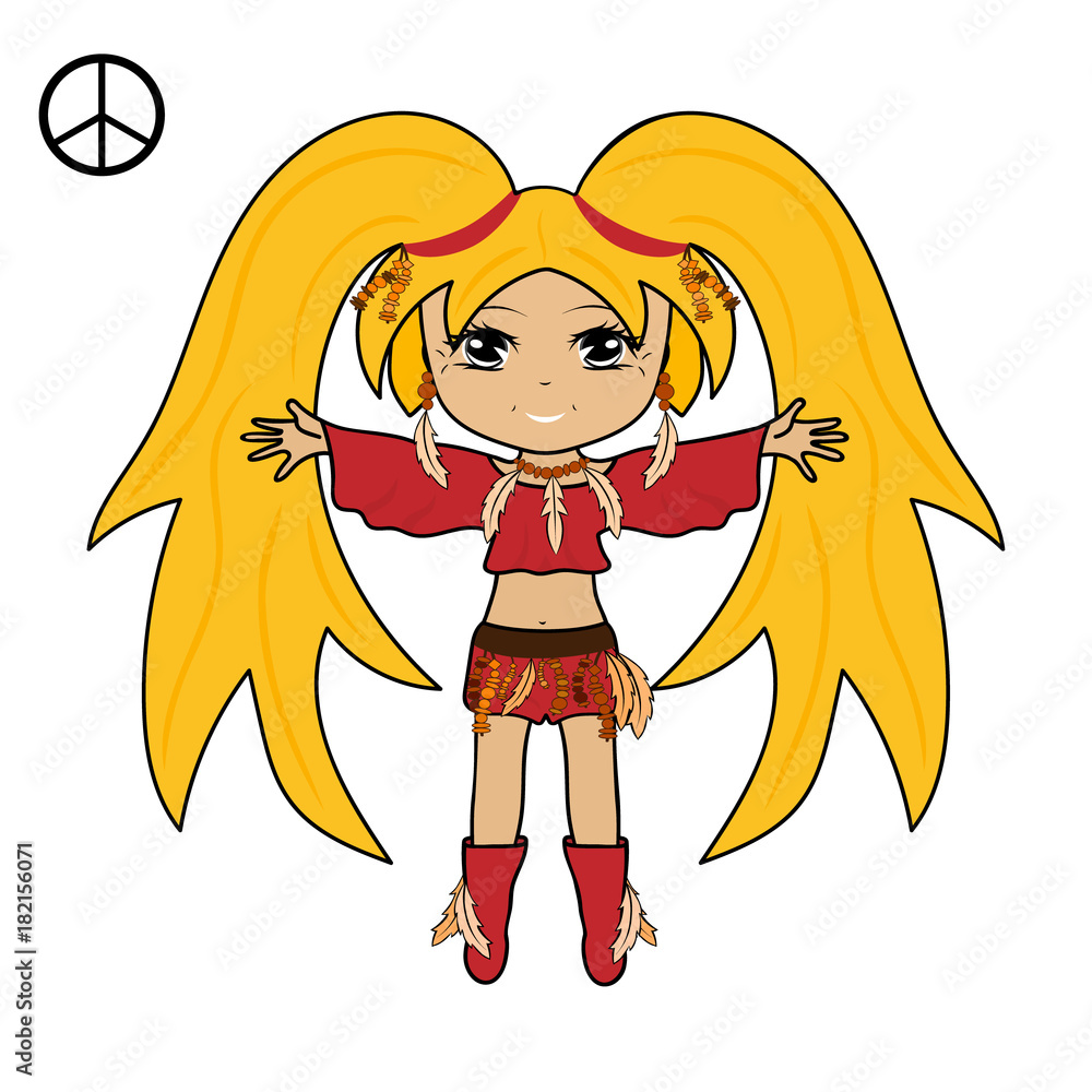 Image of joyful hippie girl. Vector illustration isolated on white. Doll, hippie woman with long hair and expressive eyes. Harmony and love to world. Feeling of happiness, love and freedom. Sixties. Stock Image of joyful hippie girl. Vector illustration isolated on white. Doll, hippie woman with long hair and expressive eyes. Harmony and love to world. Feeling of happiness, love and freedom. Sixties. Stock
