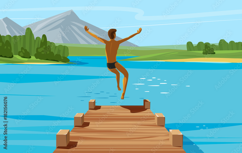 Naklejka premium Vacation, weekend, relax concept. Young man jumping into lake or water. Vector illustration