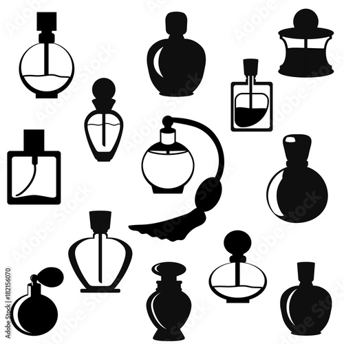 Set of different type of perfume bottles vector illustration. Black and white silhouettes isolated on white background. 
