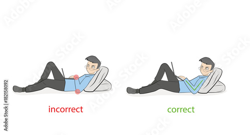 the correct and wrong position of lying down working behind the laptop. vector illustration
